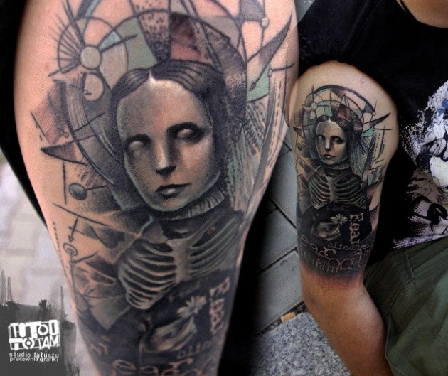 Big colored faded mystical woman portrait tattoo on shoulder