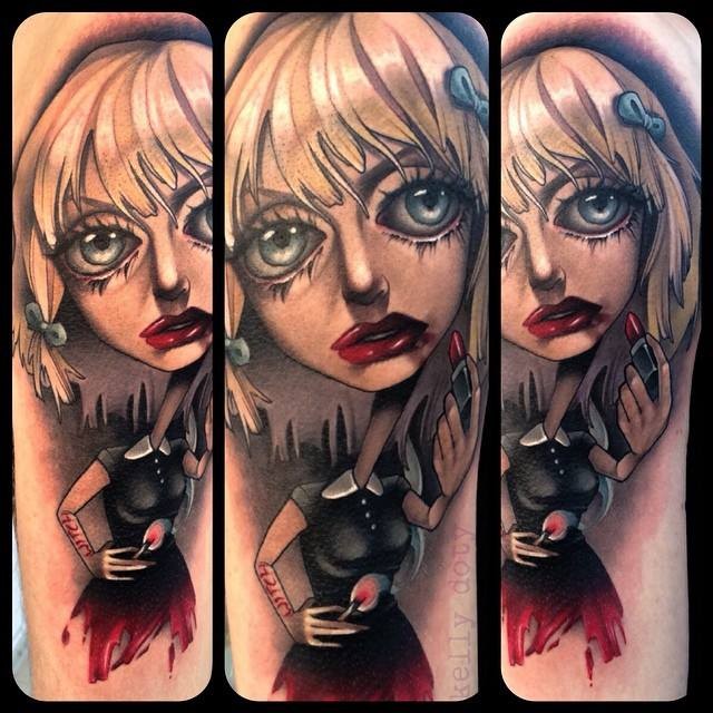 Big colored horrifying girl portrait tattoo with lipstick