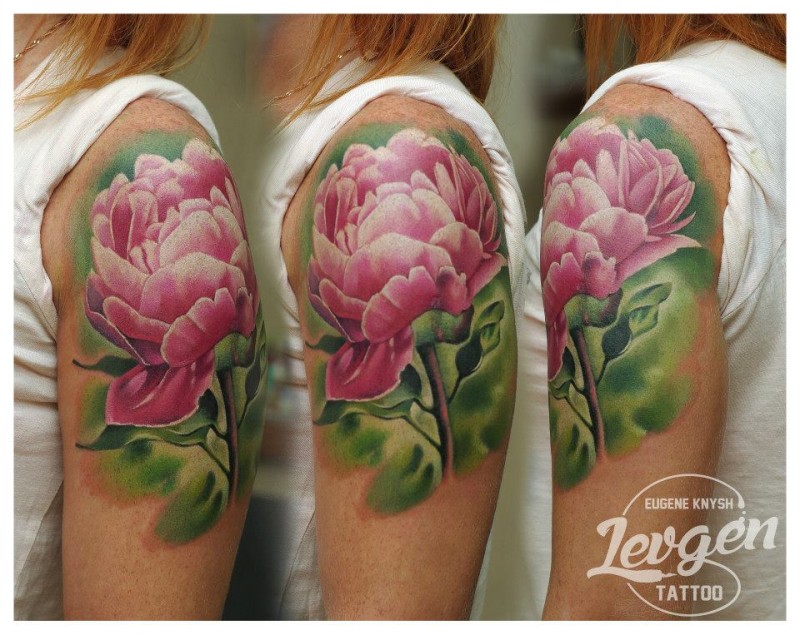 Big colored shoulder tattoo of pink flower