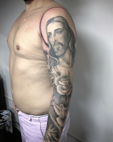 Big colored sleeve religious style colored sleeve tattoo of Jesus with pigeon and rose