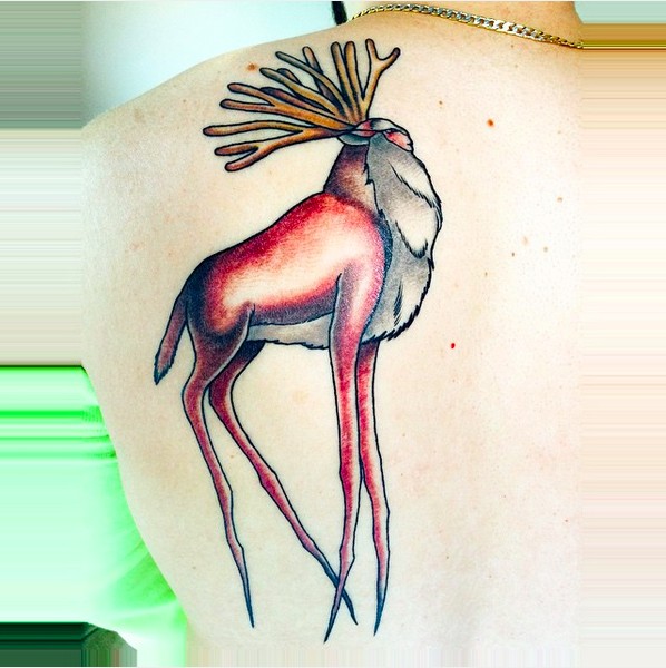Big colored strange animal tattoo on upper back