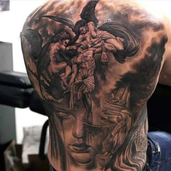 Big colored unusual combined back tattoo of angels with mystic woman portrait