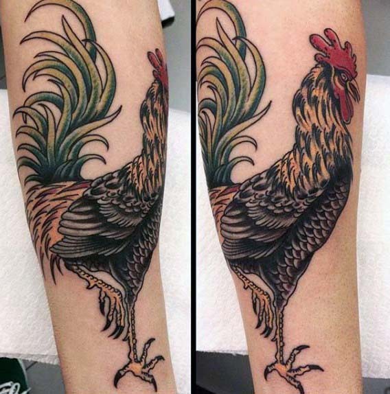 grande colorato molto dettagliato gallo tatuaggio su gamba