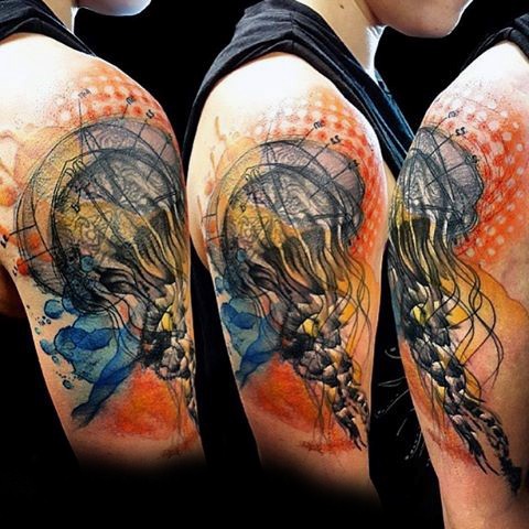 Big colorful 3D jellyfish tattoo on shoulder