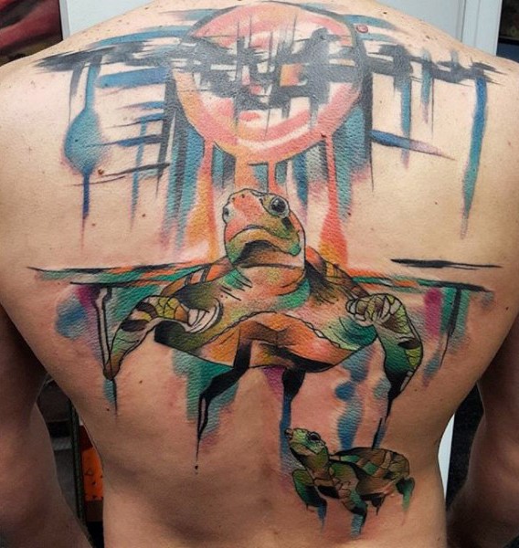 Big colorful big turtle tattoo on back