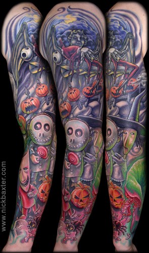 Big colorful detailed various monsters tattoo on sleeve