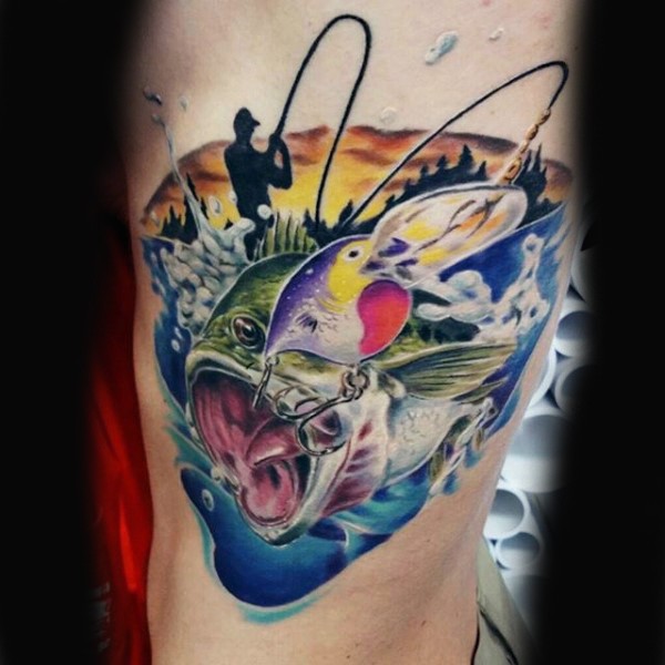 Big colorful fishing themed tattoo with big hooked fish tattoo on side