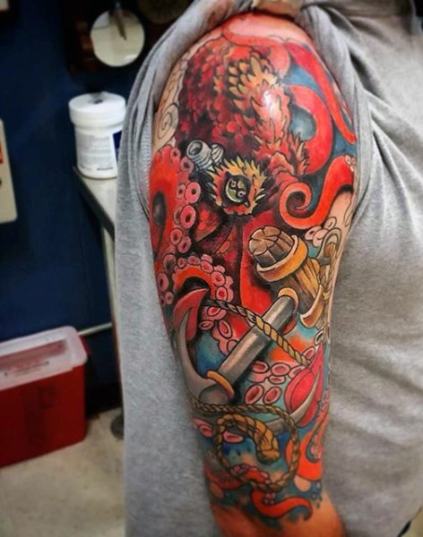 Big colorful nautical themed half sleeve tattoo with octopus and anchor