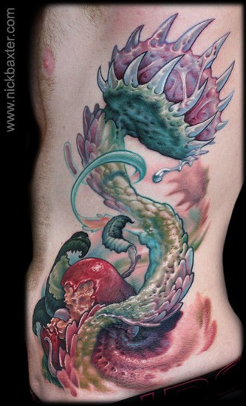 Big colorful side tattoo of alien like plan with leaves
