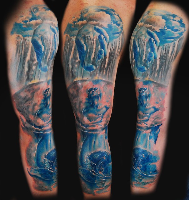 Big colorful sleeve tattoo of mystical woman with waterfall