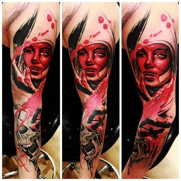 Big colorful very detailed bloody woman portrait on sleeve stylized with symbol and skull