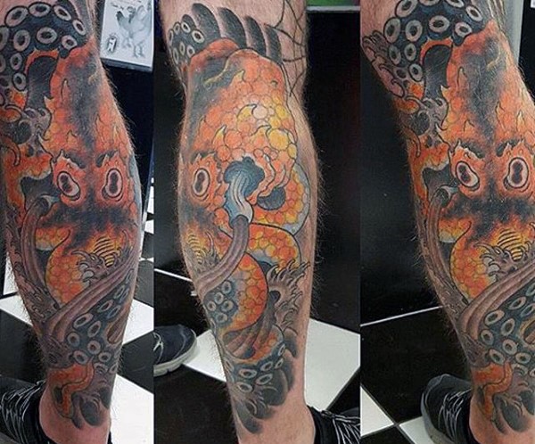 Big colorful very detailed octopus tattoo on leg