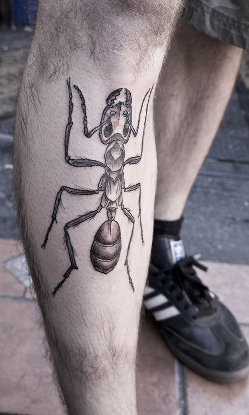 Big cool gray-ink ant tattoo on leg
