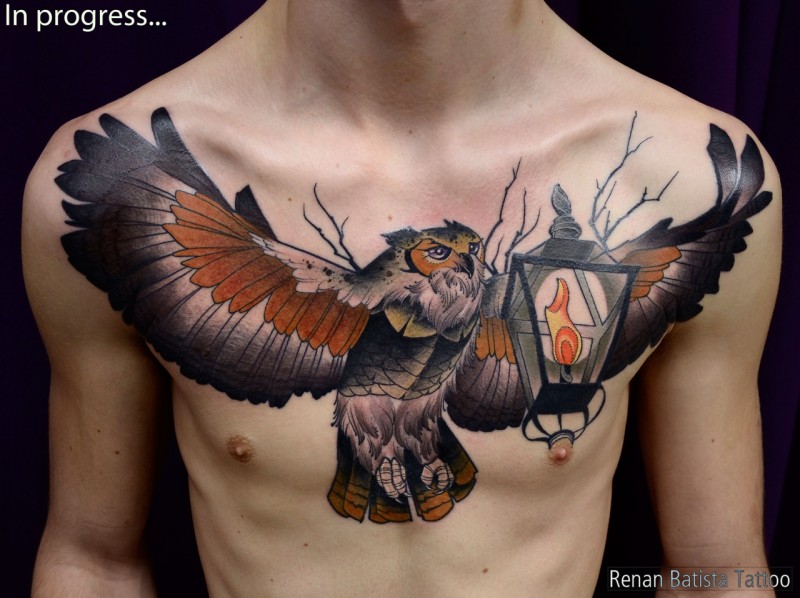 Big detailed beautiful looking chest tattoo of flying owl with old lighter