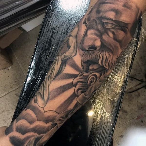 Big detailed black and white antic statue tattoo on sleeve
