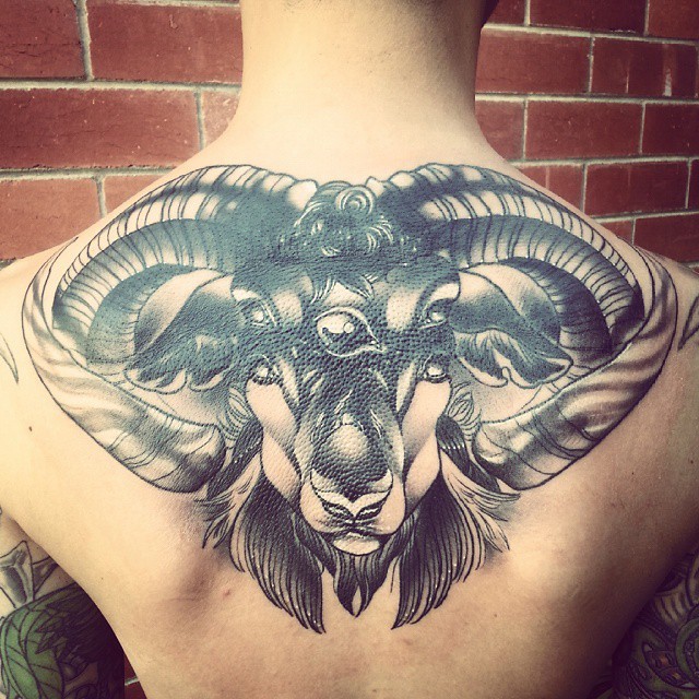 Big detailed black and white fantasy goat head tattoo on upper back area