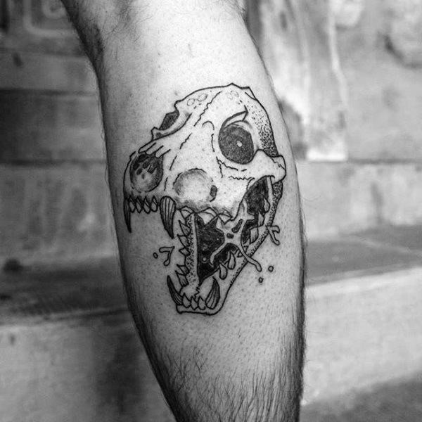 Big dot style leg tattoo of animal skull with teeth