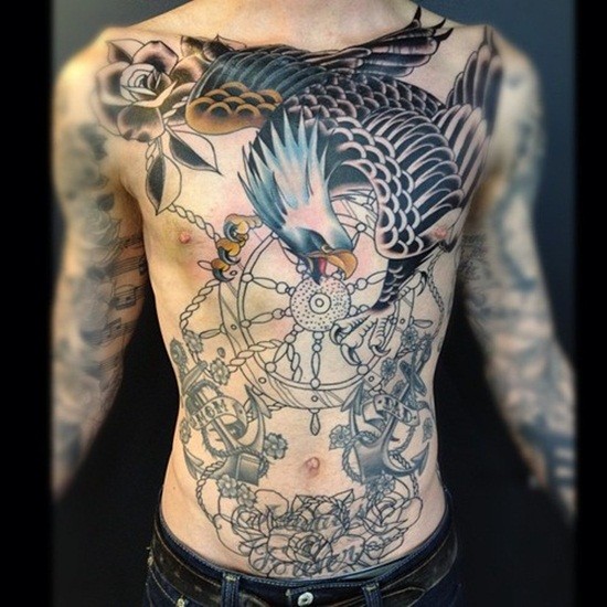 Big eagle and sea anchors tattoo for men
