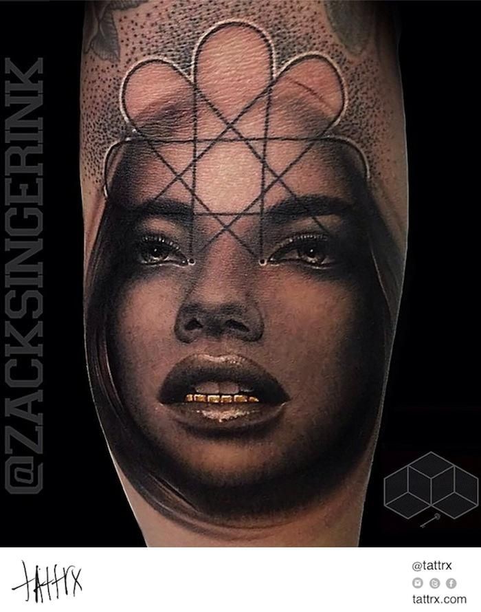 Big engraving style black and white tattoo of woman portrait