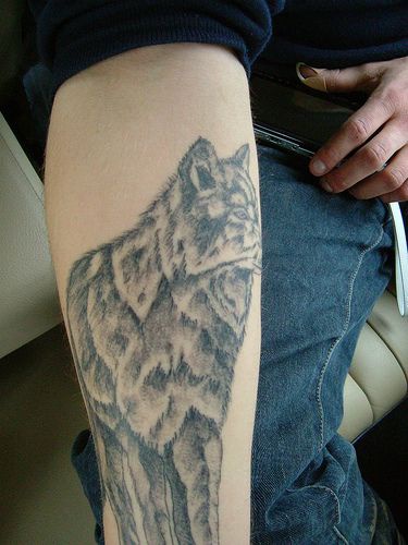 Tatuaggio grande sulla gamba il lupo che guarda lontano
