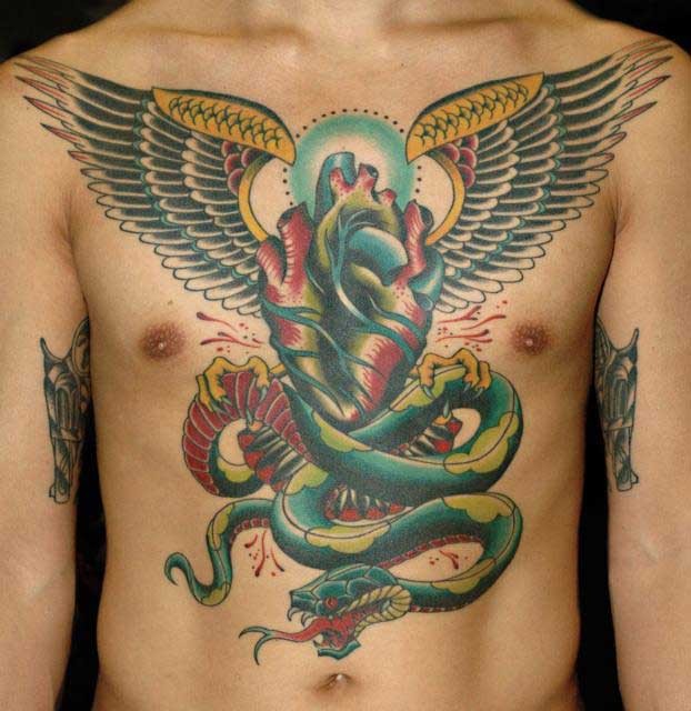 Big green snake with heart and wings tattoo