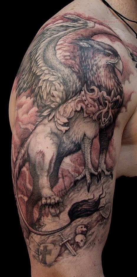 Big griffin tattoo on shoulder looks like real