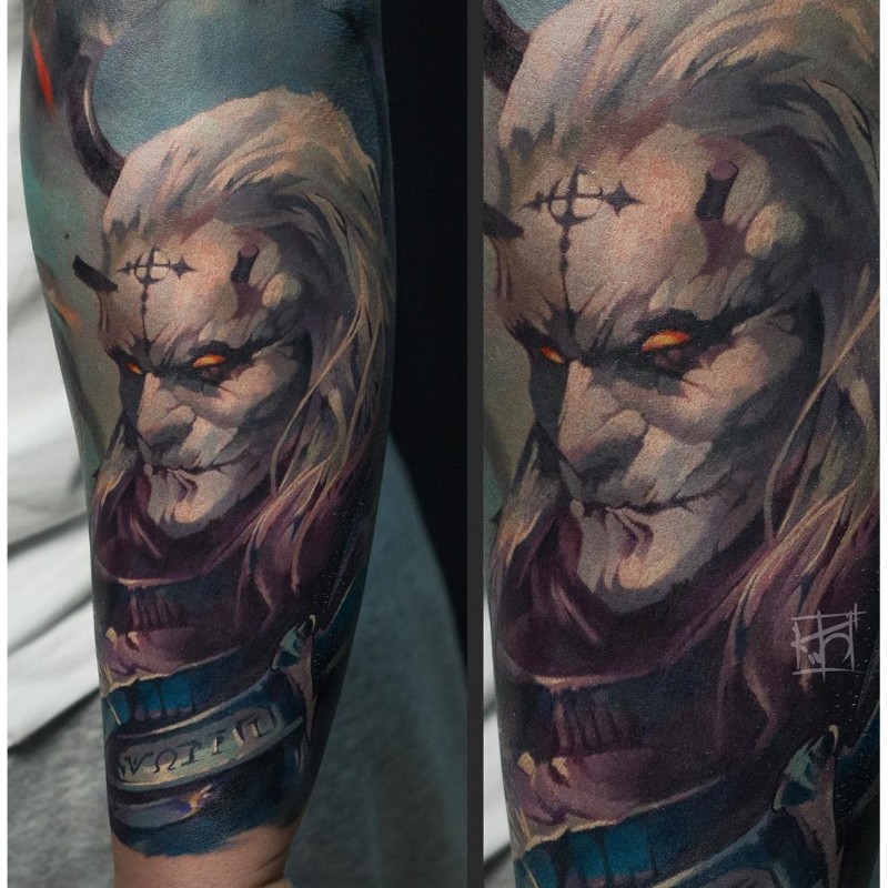 Big illustrative style arm tattoo of fantasy demonic warrior with lettering