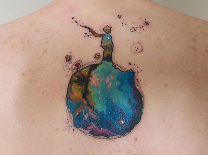 Big illustrative style back tattoo of planet with boy