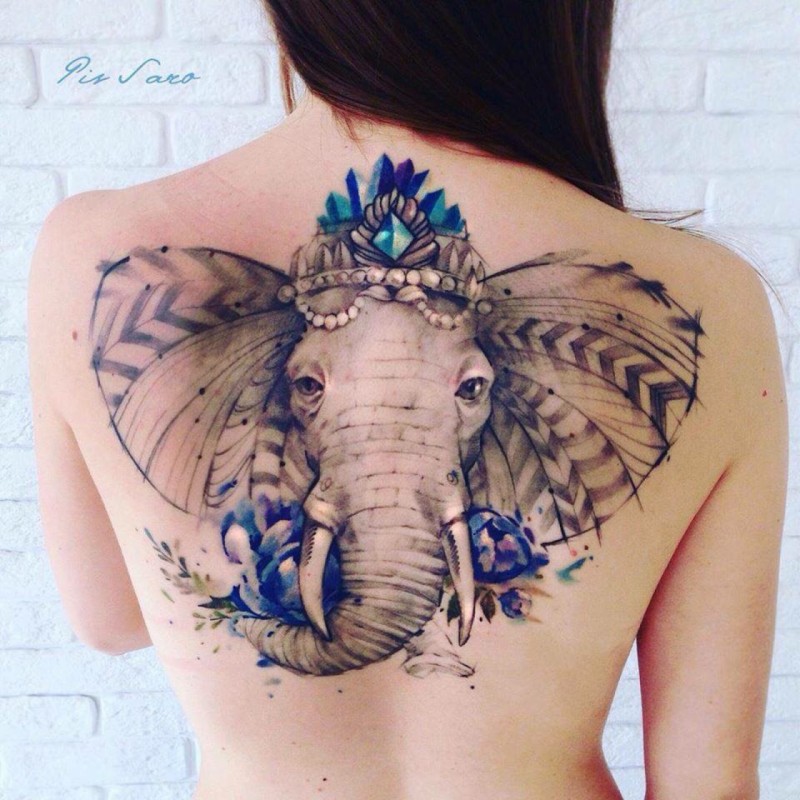 Big illustrative style back tattoo of saint elephant with flowers