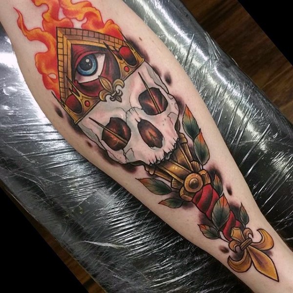 Big illustrative style colored leg tattoo of human skull shaped torch with mystic eye