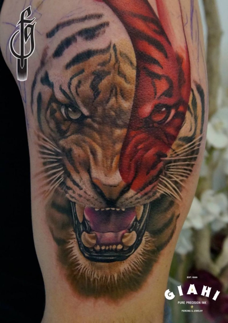 Big illustrative style shoulder tattoo of evil tiger