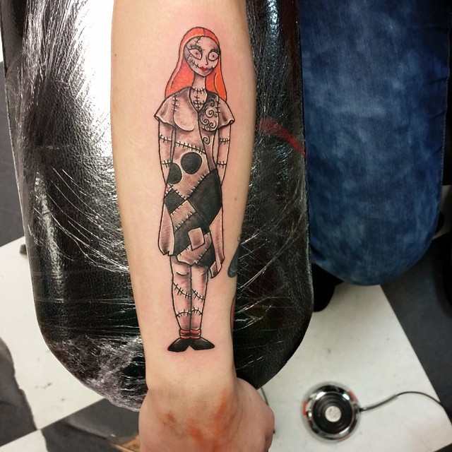 Big interesting looking colored sweet monster woman tattoo on forearm zone