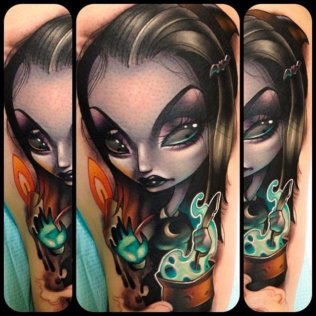 Big interesting painted and colored mystical witch tattoo