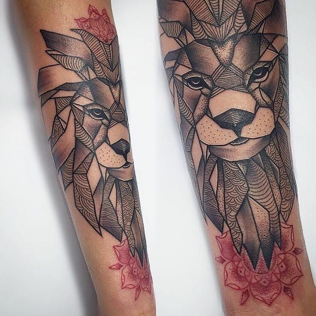 Big linework style arm tattoo of lion with red flowers