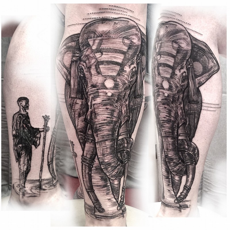 Big linework style leg tattoo of big elephant