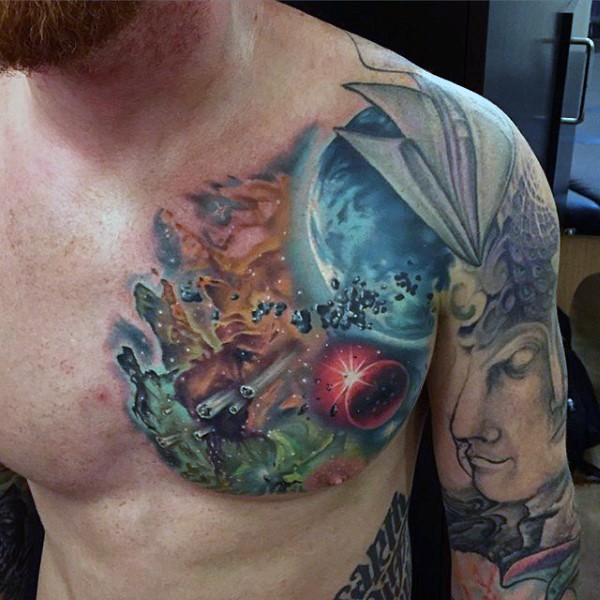 Big magnificent colored space themed tattoo on chest - Tattooimages.biz