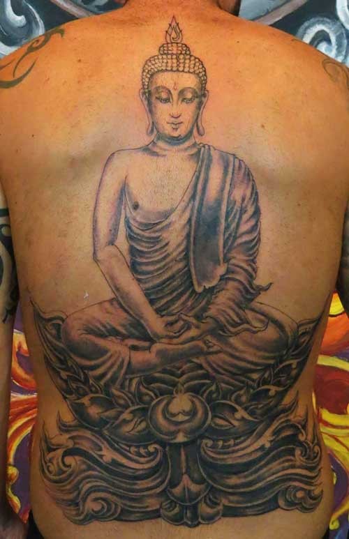 Big meditating buddha tattoo on back