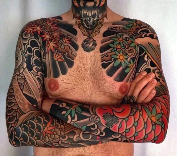 Big multicolored Asian style colored sleeve tattoos of carp fishes with flowers