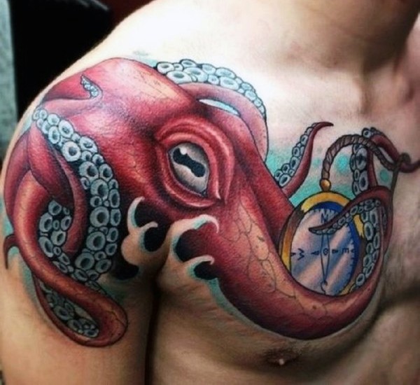 Großer mehrfarbiger detaillierter Oktopus mit Kompass Tattoo an der Brust
