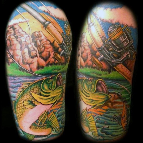 Big multicolored fishing themed shoulder tattoo
