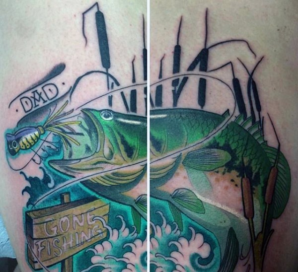 Big multicolored fishing themed tattoo with lettering on thigh