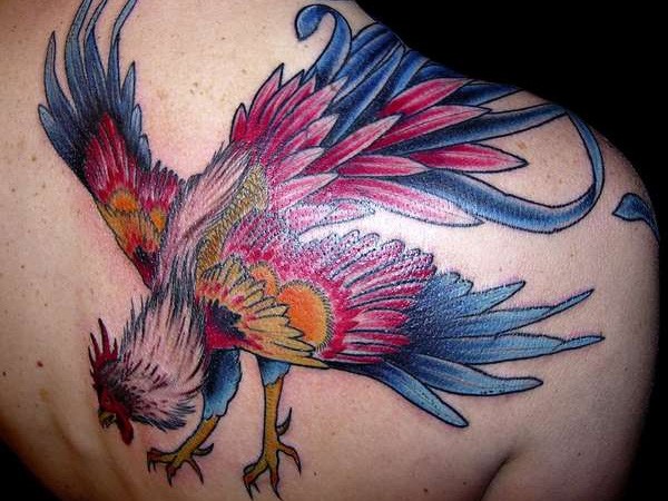 Big multicolored funny looking shoulder tattoo of cock