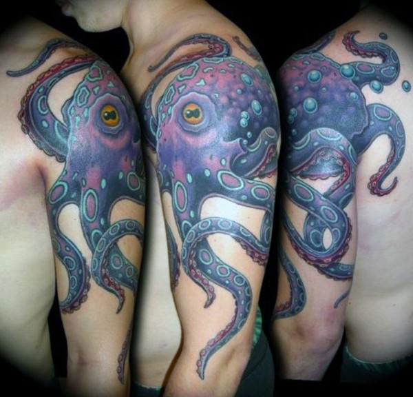 Big multicolored funny octopus on shoulder tattoo