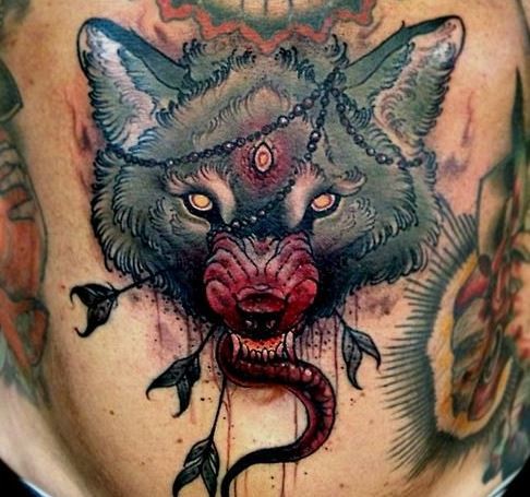 Big multicolored horrifying demonic wolf head with arrows tattoo