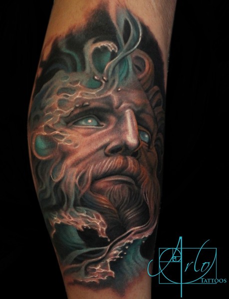 Big mystical colored fantasy wizard tattoo on leg stylized with waves