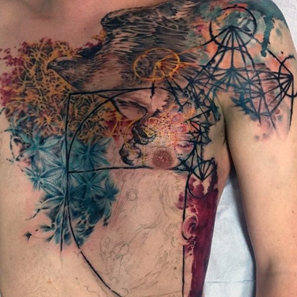 Big mystical colorful geometrical tattoo on chest