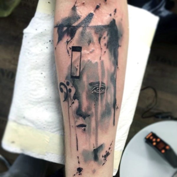 Big mystical designed black ink portrait tattoo on arm