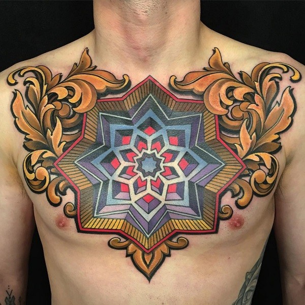 Big new school style colored chest tattoo of beautiful ornament