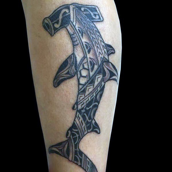 Big nice detailed side tattoo of hammerhead shark stylized with Polynesian ornaments