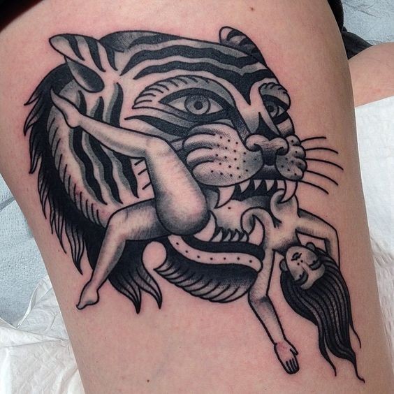 Big old style painted thigh tattoo of tiger with woman in mouth